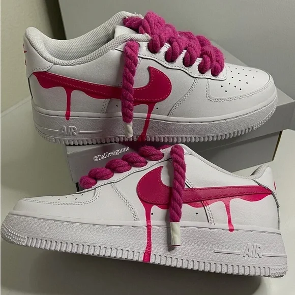 Custom Rope Lace Air Force 1 - White / Pink - Etsy Men’s & GS Sizes Custom AF1 | White Air Force 1’s Fuchsia Swoosh and Rope Laces main image 1